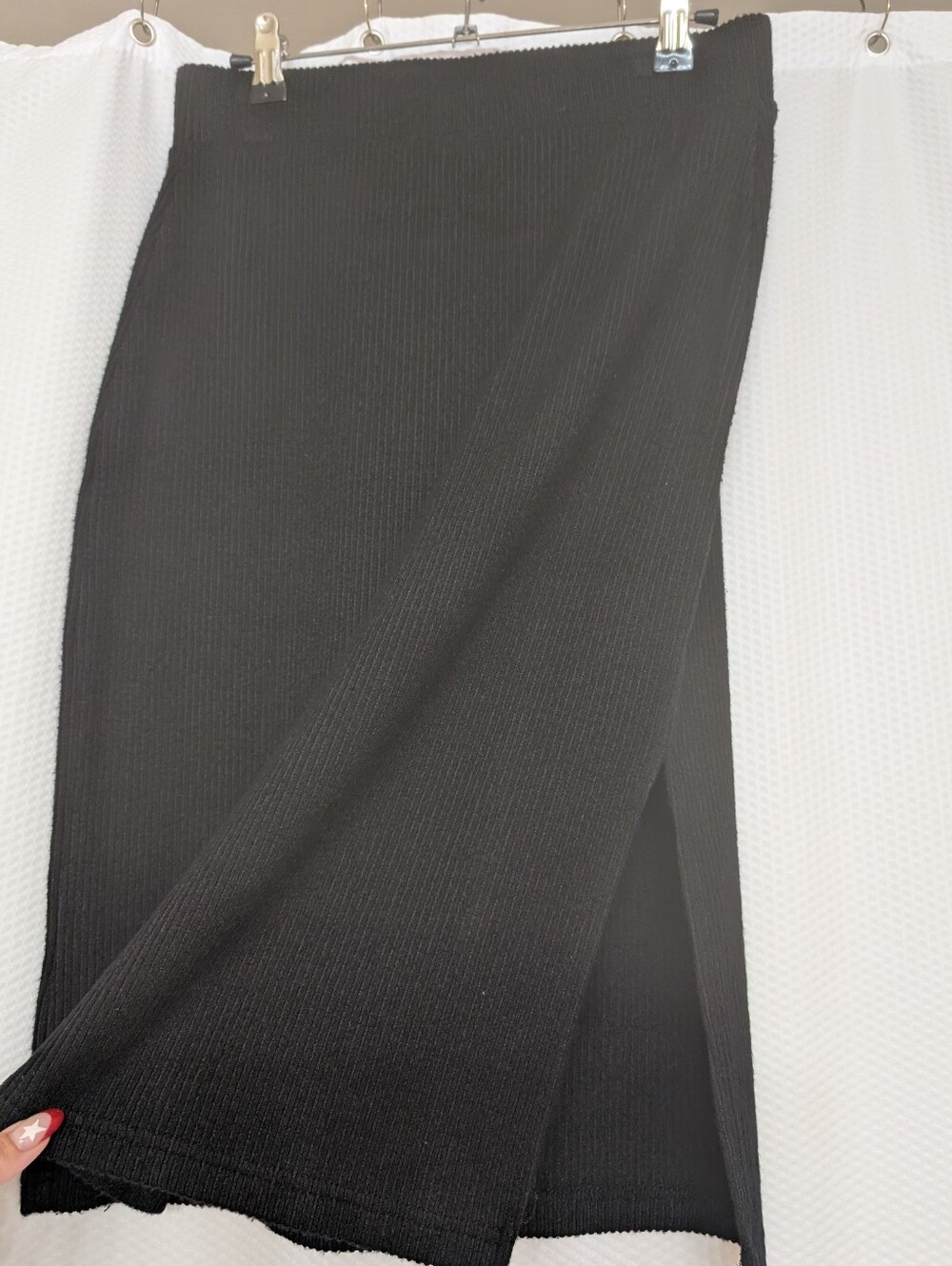 Black Ribbed Midi Skirt w/ Slit - Women